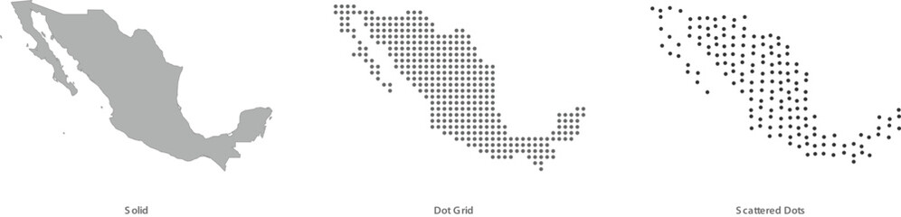 Obraz premium Mexico map silhouettes in solid, dot grid, and scattered dots styles vector illustration