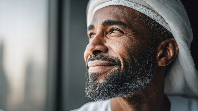 Smiling Middle Eastern Man Looking Up