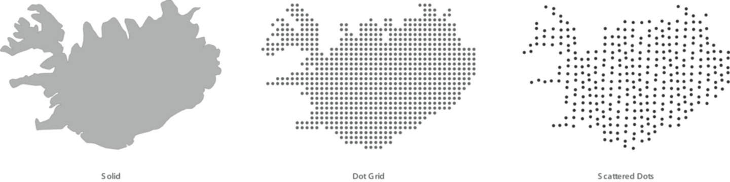 Iceland map silhouette in three different styles solid, dot grid, and scattered dots vector illustration