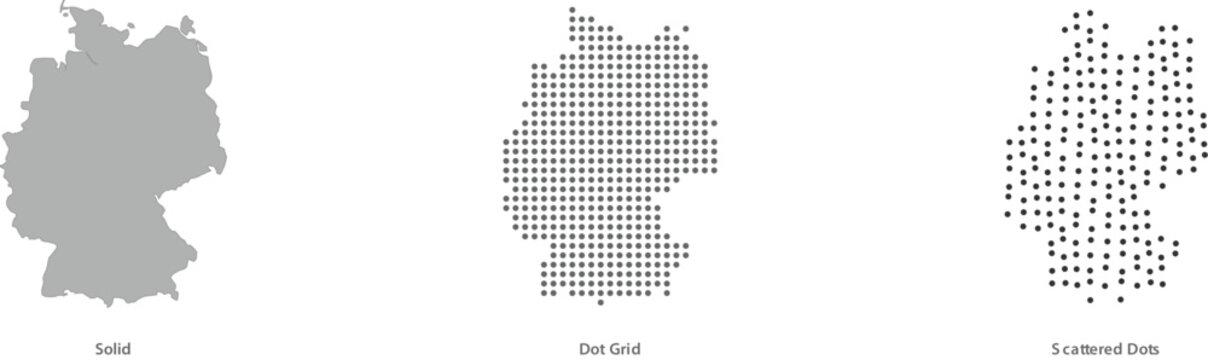 Set of germany map icons in solid, dot grid, and scattered dots styles vector illustration