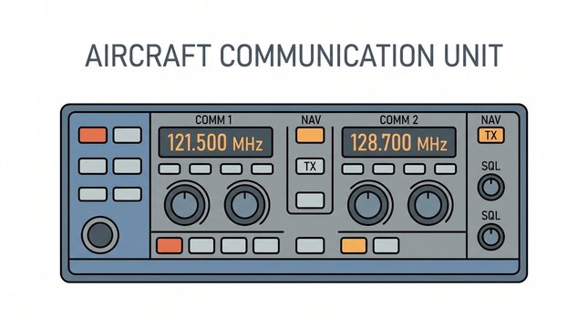Illustration of an aviation communication control unit with digital displays showing frequency readings and knobs for adjustment