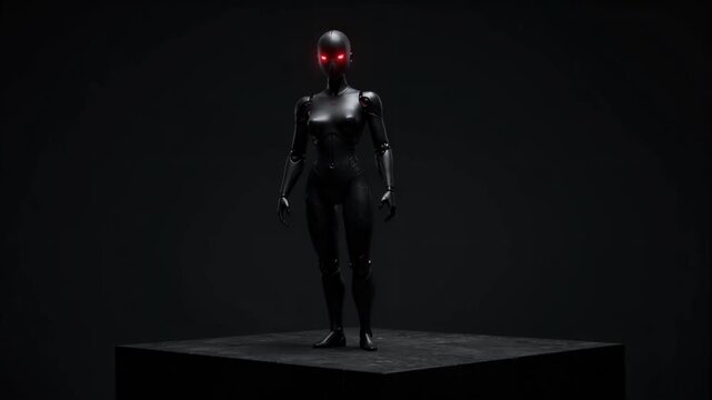 Futuristic Android Woman Standing in Dark Studio Setting with Dramatic Cinematic Lighting for Sci-Fi Concept