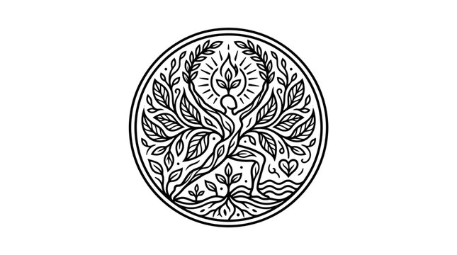 Deer Emblem with Leaves and Sun.