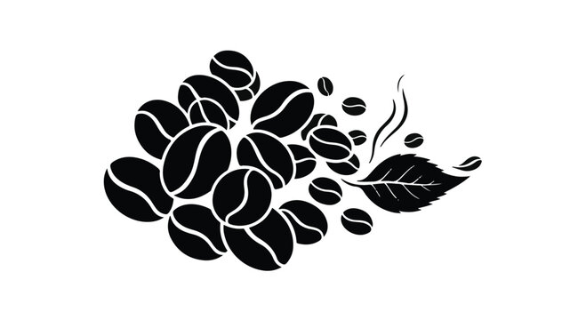 Coffee beans cluster together in a decorative arrangement featuring a single fresh leaf and wisps of rising aromatic steam to represent the premium quality of organic roasted beverage ingredients.
