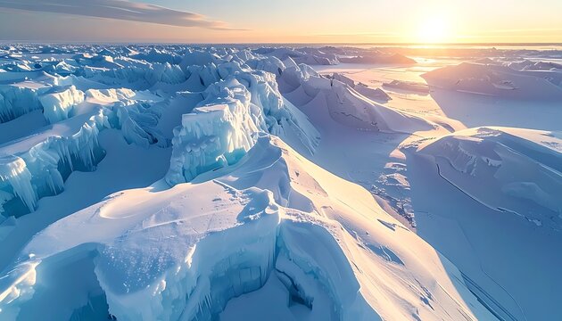 Frozen landscape with ice formations at sunrise.