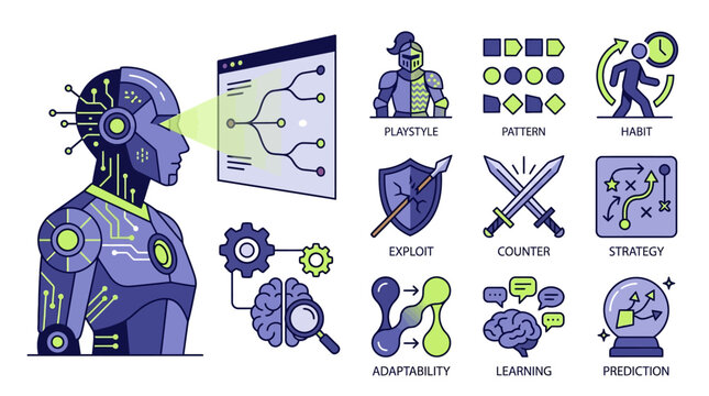 Flat vector illustration of a cyborg head analyzing data with icons for competitive game strategy: playstyle, pattern, habit, exploit, counter, strategy, adaptability, learning, and prediction.