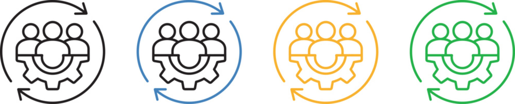 Team members with gear icons and circular arrows indicating workflow cycle and management.