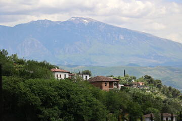 Obraz premium View of the landscape near the city of Berat seen from the fortress of Kalaja, Albania 