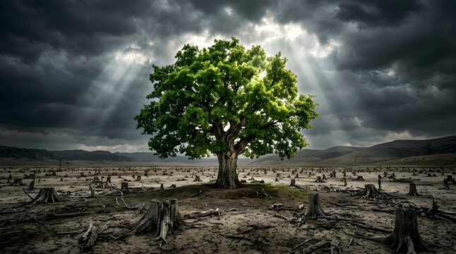 Single vibrant green tree standing resilient in a deforested barren landscape under dramatic stormy skies with sunbeams.