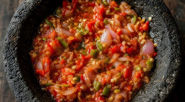 Traditional Indonesian spicy sambal chili paste freshly ground in a stone mortar.