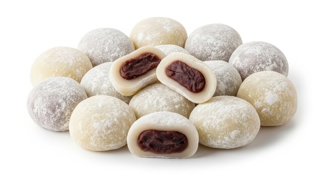 Delicious pile of traditional Japanese mochi rice cakes with sweet red bean paste filling, showcasing their soft texture and vibrant interior against a clean white background