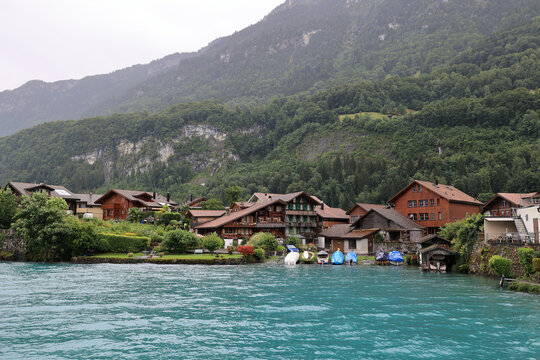 View of the municipality of Iseltwald on Lake Brienz in the canton of Bern, Switzerland 