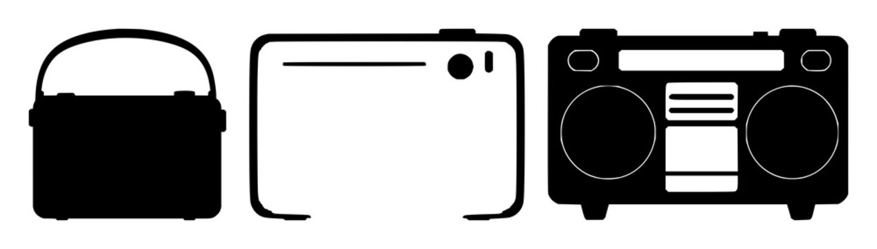 Radio set with an old fashioned shape and simple black silhouette illustration featuring antenna, tuner, speaker with buttons and knobs