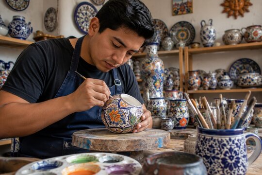 Mexican artisan hand painting traditional Talavera pottery in a ceramic workshop.