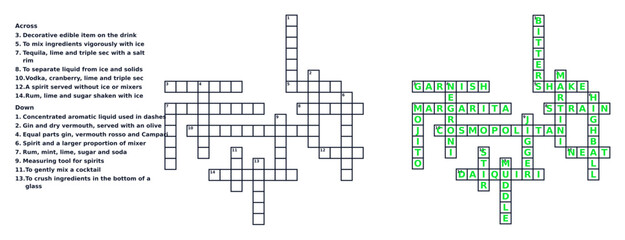 Obraz premium Crossword puzzle sheet vector template for adults. Cocktail and bar theme game with solution. Flat design typography illustration isolated on transparent background