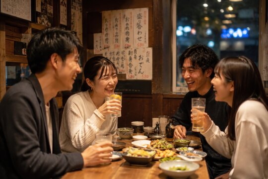 Friends enjoying an evening gathering at a traditional Japanese izakaya, celebrating food, drinks and social culture.