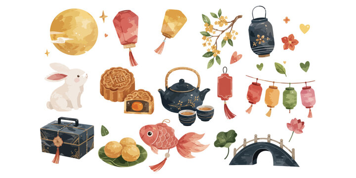 Watercolor Mid-Autumn festival elements 