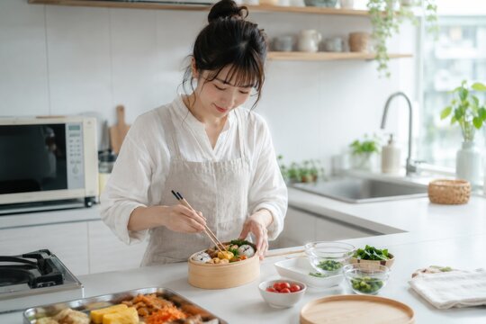 Japanese woman preparing a homemade bento in a bright kitchen, celebrating everyday food culture.