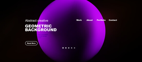 Naklejka premium Dark background features vibrant purple oval shape. Text details geometric design, website navigation present. Simple, modern aesthetic.