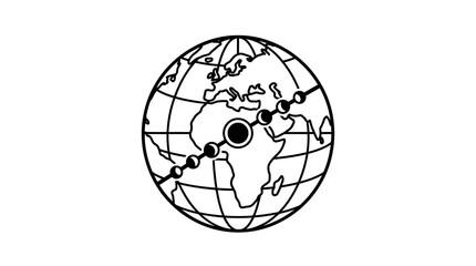 A black and white line art illustration of a globe with a diagonal path of moon phases. © Natasya