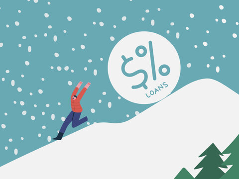 Loan mountain in winter: A person struggles to climb a snowy slope as a large coin with a dollar sign and percentage rolls down, symbolizing overwhelming debt and financial hardship.