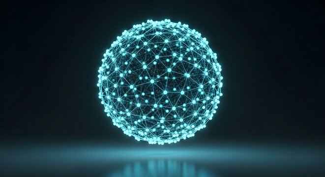 Glowing digital network sphere, blue plexus data globe, futuristic tech concept