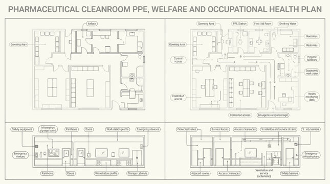 Pharmaceutical Cleanroom PPE Welfare and Occupational Health Plan Architectural Floor Plan Vector for Medical Facilities, Industrial Safety & Laboratory Design (EPS)