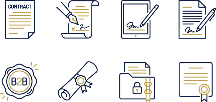 Collection of contract and legal document icons including digital signature business agreement and official certificate symbols designed in a modern flat line art style for web and app interfaces
