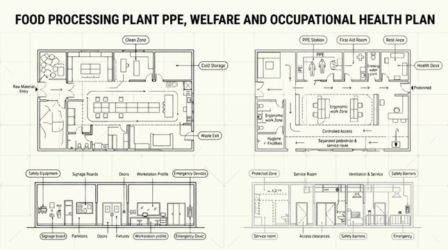 Food Processing Plant PPE Welfare and Occupational Health Plan Architectural Blueprint Vector for Industrial Safety, Factory Management & Facility Design (EPS)