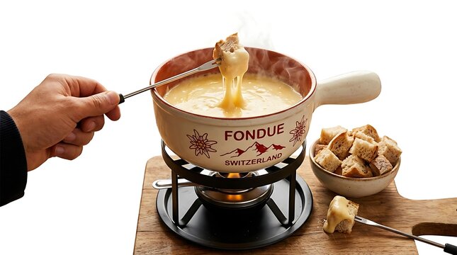 Swiss Cheese Fondue with Dipped Bread Isolated on White Background