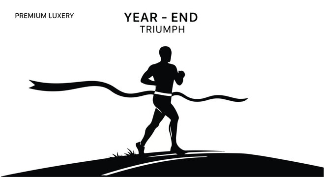 Runner breaking the finish line tape represents the culmination of a long journey and the achievement of professional goals as the year reaches its final conclusion for an ambitious individual.