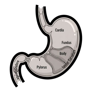 Anatomy diagram of human stomach with labeled parts.