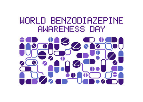 Global benzodiazepine awareness illustration with people, wellness support, public education, recovery journey and healthcare outreach theme