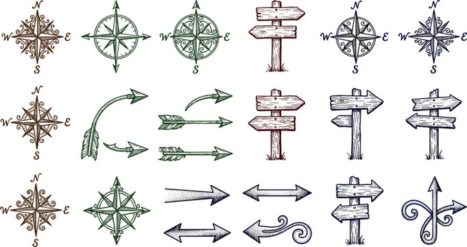 Vintage Compass Rose and Wooden Signpost Set with Retro Navigation Arrows for Maps, Travel, and Adventure Designs