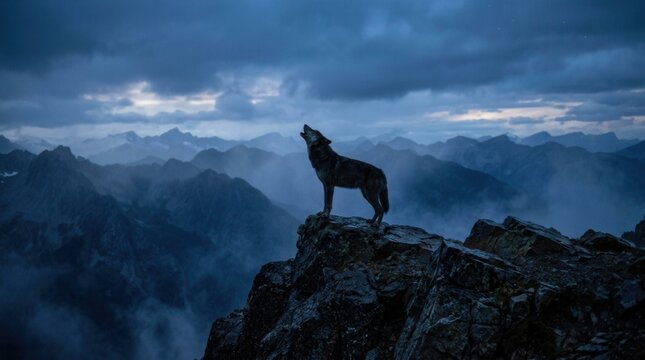 Lone Wolf Howling on Mountain Peak Under Dramatic Stormy Sky.