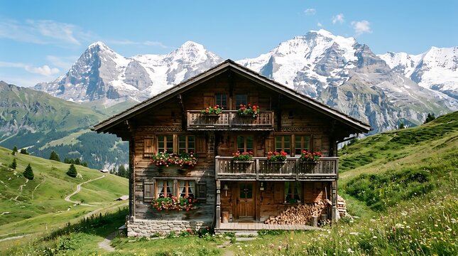 Traditional Swiss Chalet with Snow Capped Mountains in the Alps