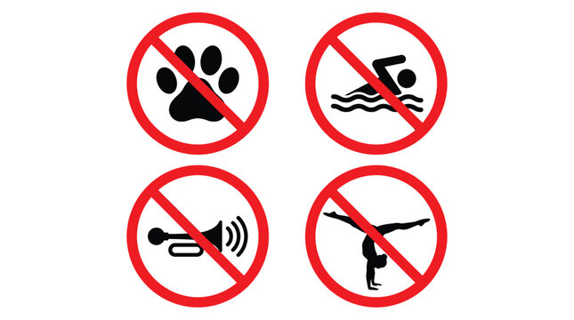 No Pets No Swimming No Loud Noise No Diving Signs Icons Set for Restricted Areas and Safety Regulations