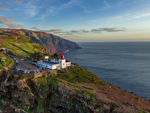 Epic sunset over the Farol da Ponta do Pargo in Madeira islands  Portugal. This is the west end of the island.