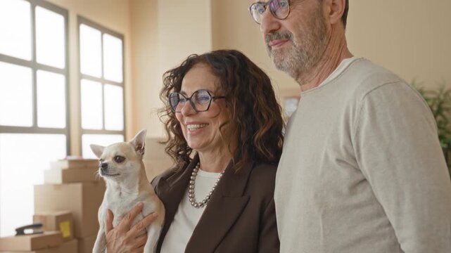 Woman holding small chihuahua by moving boxes in a bright room of a building; contentment new beginning.