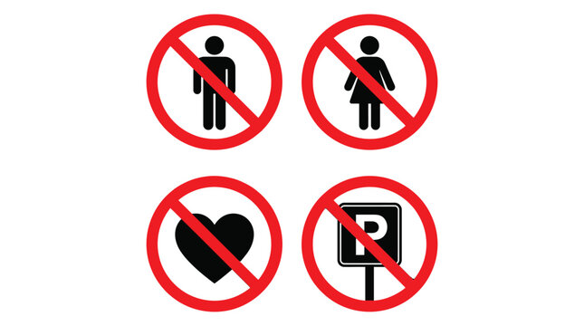 Prohibited Signs Icons Set with No Man No Woman No Heart and No Parking Restriction Symbols