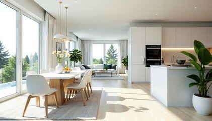 Fototapeta premium Bright white apartment with modern dining set, open-plan living space , house, airy, modern