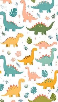 Colorful dinosaurs and leaves pattern design.