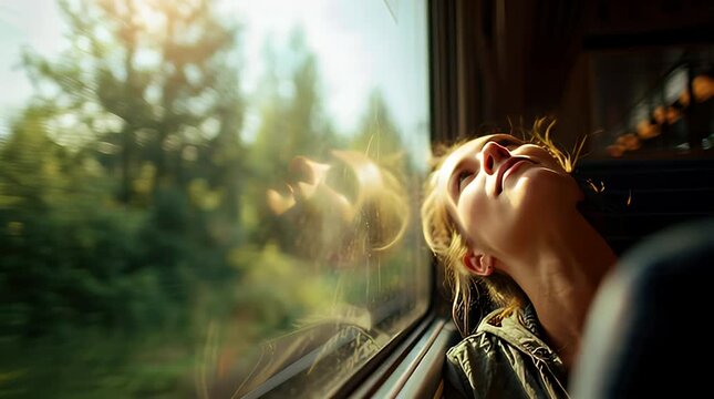 Young woman traveler daydreams, looking out a train window at the beautiful passing scenery