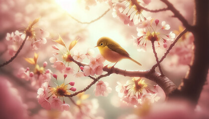 Fototapeta premium Whispers of Spring: Yellow Bird Among Blushing Cherry Blossoms