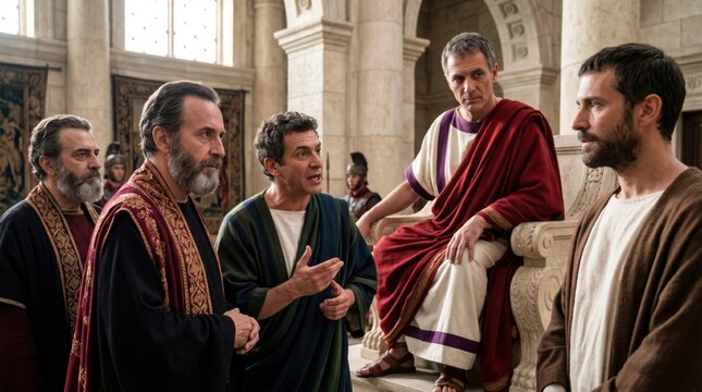 Apostle Paul defends himself before Felix the Roman governor. High priest Ananias and lawyer Tertullus accuse him in court. Historical drama scene representing biblical acts.
