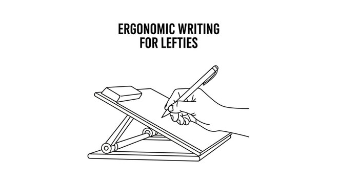 A line art illustration showing an ergonomic slanted writing board for left handed people.