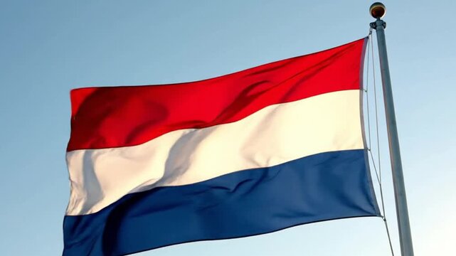 The national flag of the netherlands waving in the wind against a clear blue sky