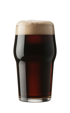 Professional Studio Product Photograph of Dark Stout Beer in a Nonic Pint Glass with Thick Foam Head Isolated on White Background