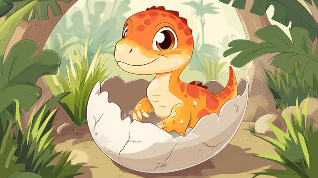 Tiny cute orange baby dinosaur hatching inside a forest egg shell with dinosaur hatching creature prehistoric animation character wildlife