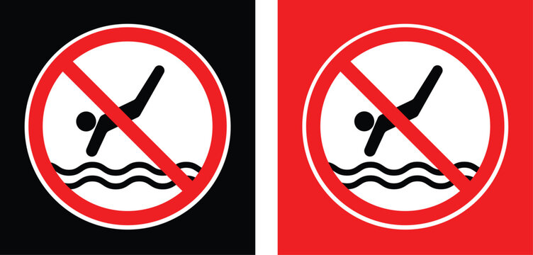 No diving sign, separated on a white background. No jumping into the water sign, black background and red background.